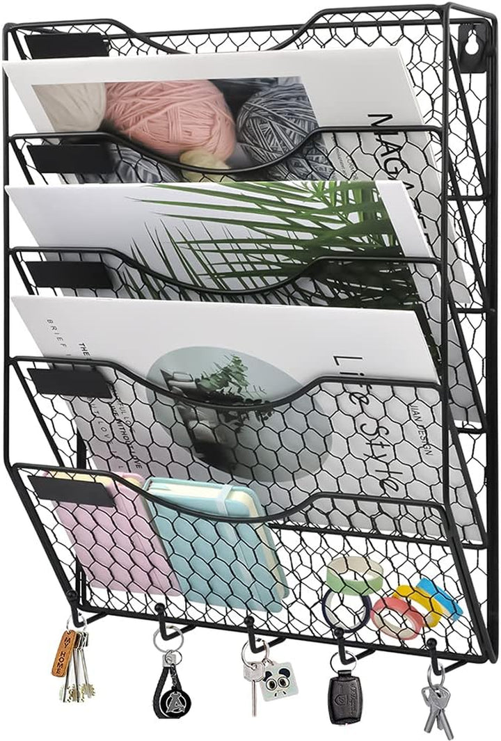 5 Tier Wall File Holder with Hook, Hanging Mail Organizer Metal Chicken Wire Wall Mount Magazine Rack with Label Panel, Black