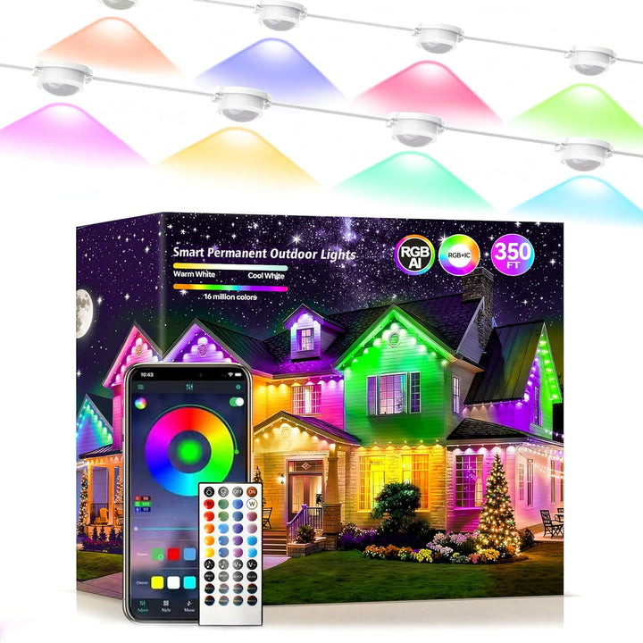 Permanent Outdoor Lights 350Ft RGB+IC Outdoor String Lights App Control IP67 Waterproof,120 Scene Modes Decorations for Home, Christmas Lights,Halloween,Holiday, Daily,Birthday,Party( 175Ft*2Pack)