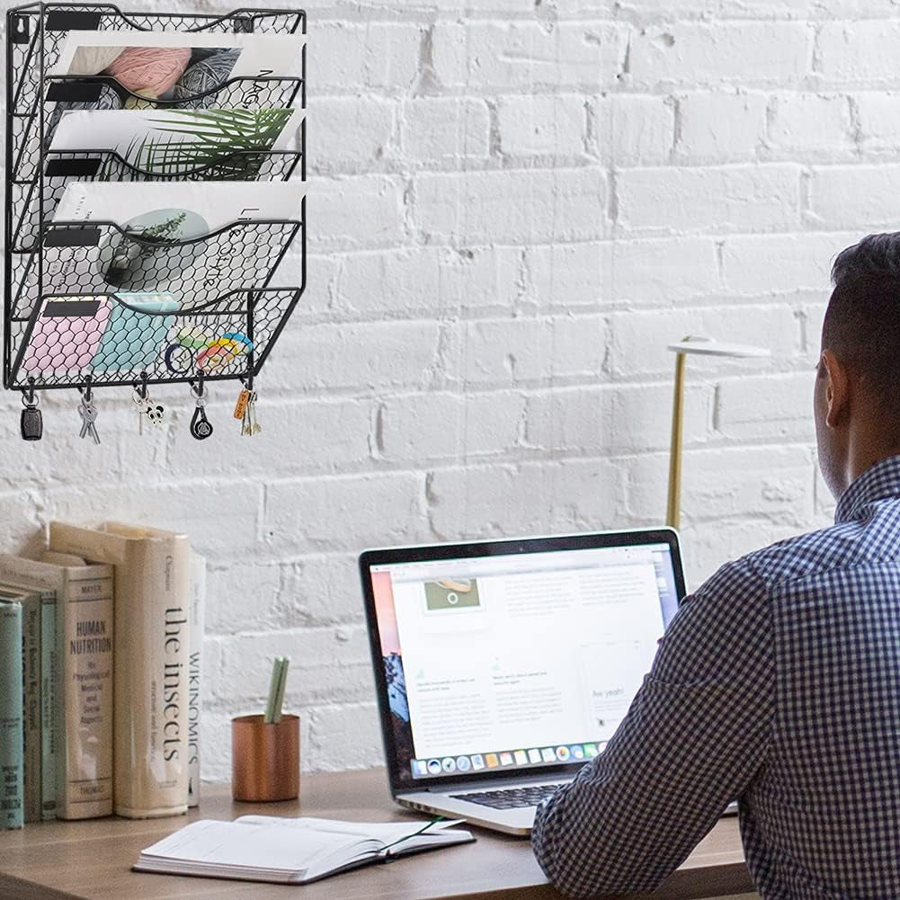 5 Tier Wall File Holder with Hook, Hanging Mail Organizer Metal Chicken Wire Wall Mount Magazine Rack with Label Panel, Black