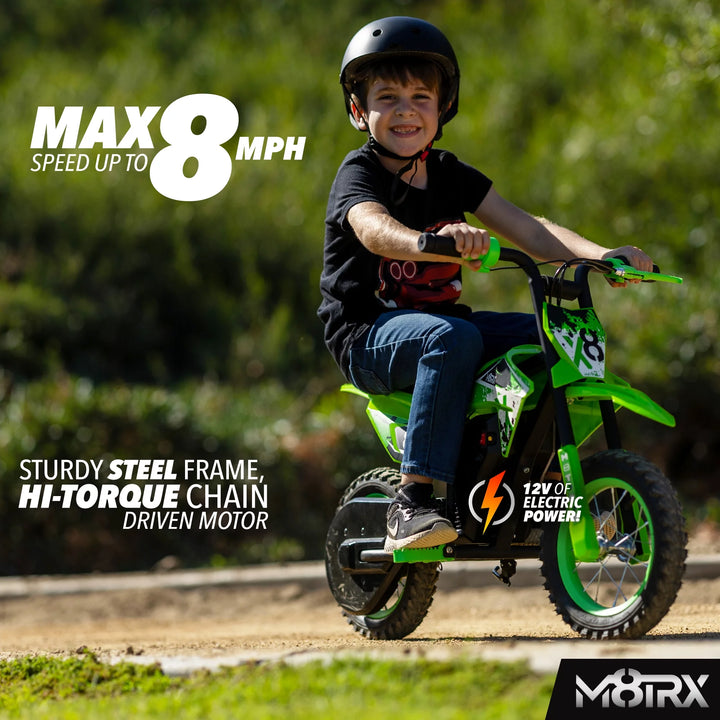 Green 12V Mini Electric Child Dirt Bike, Battery Powered Toy Motorcycle, Kids Ride On, Ages 5 Years and Up