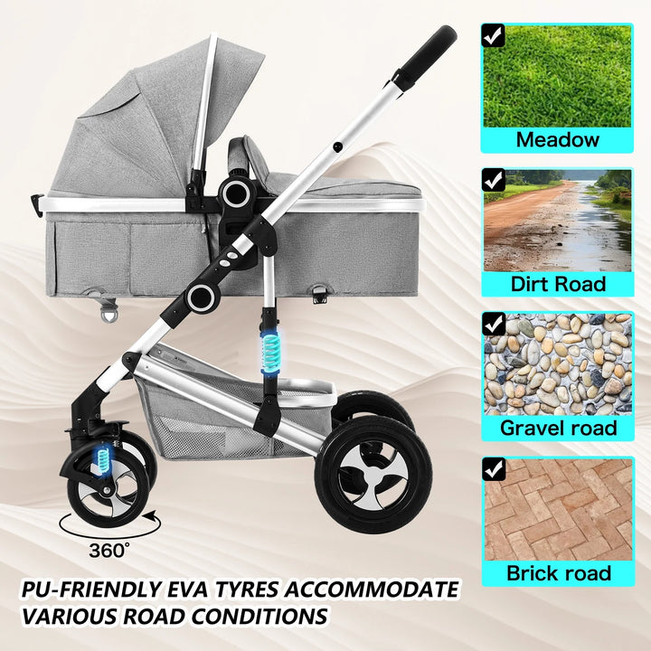 3-In-1 Convertible Baby Stroller with Big Seat and Adjustable Canopy, 24 Pound, Light Grey