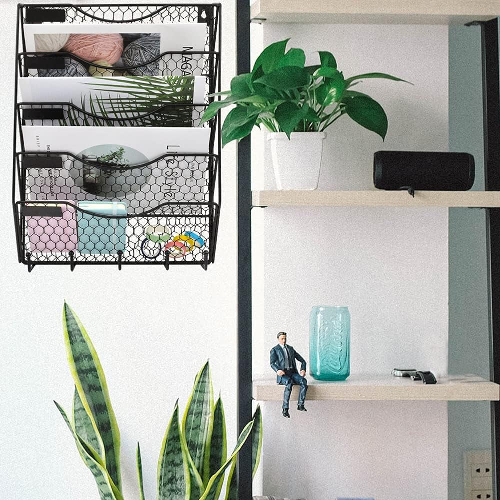 5 Tier Wall File Holder with Hook, Hanging Mail Organizer Metal Chicken Wire Wall Mount Magazine Rack with Label Panel, Black