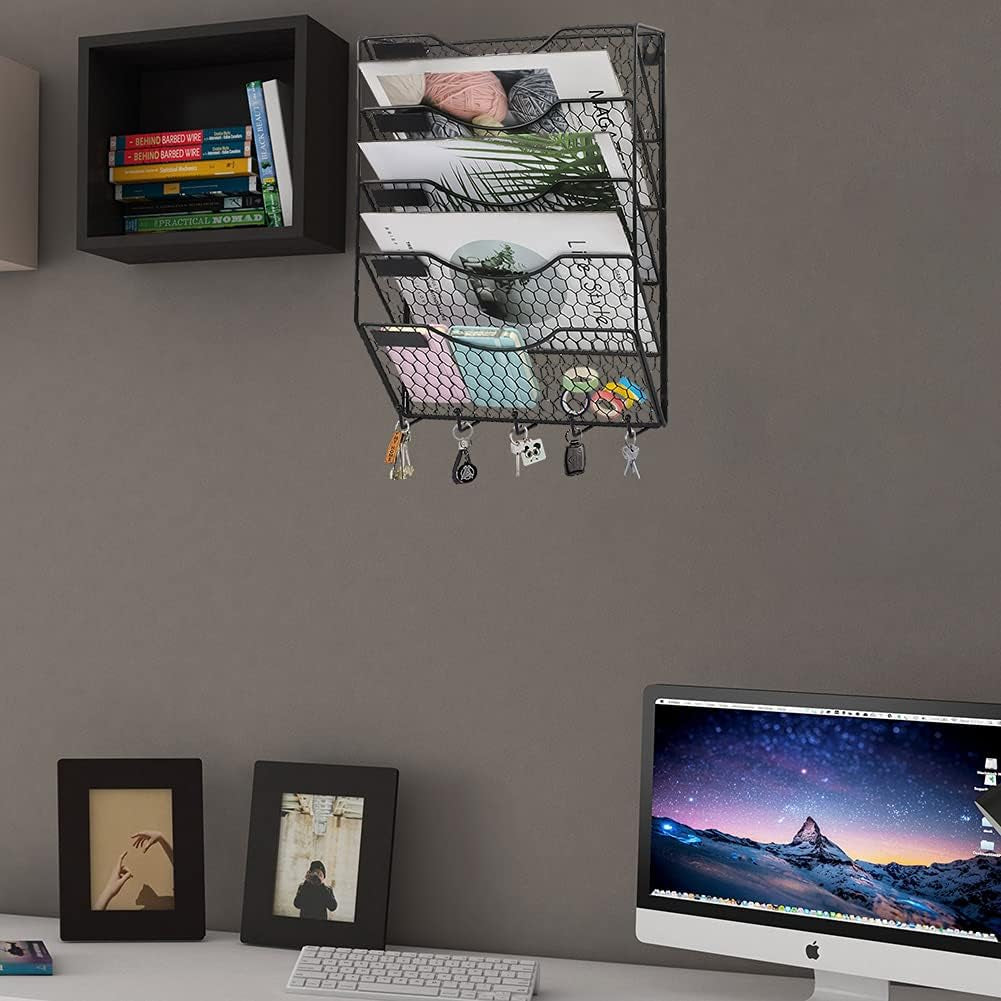 5 Tier Wall File Holder with Hook, Hanging Mail Organizer Metal Chicken Wire Wall Mount Magazine Rack with Label Panel, Black