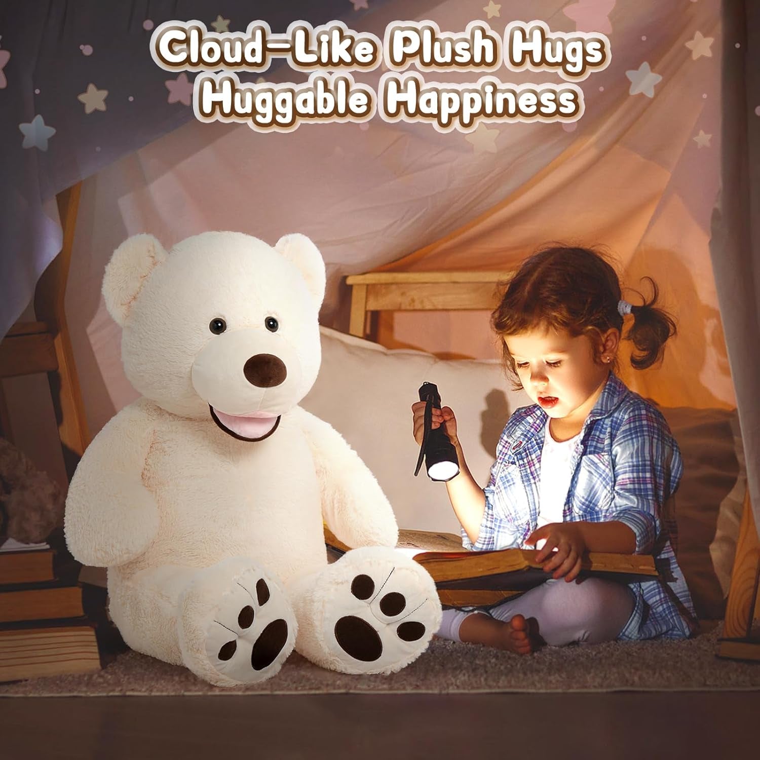 Giant Teddy Bear, 39Inch Large Stuffed Animals with Big Footprints Plush Stuffed Bears Gifts for Kids, Beige